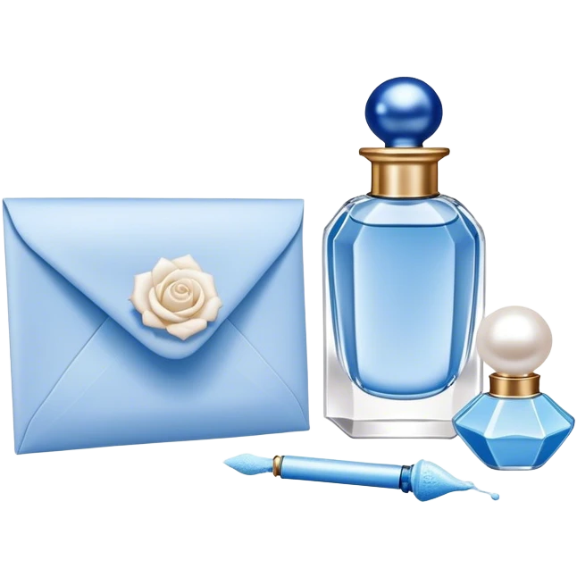 white-blue rose next to a pearl-colored envelope and a flacon of aesthetically pleasing perfume in powder blue  emoji