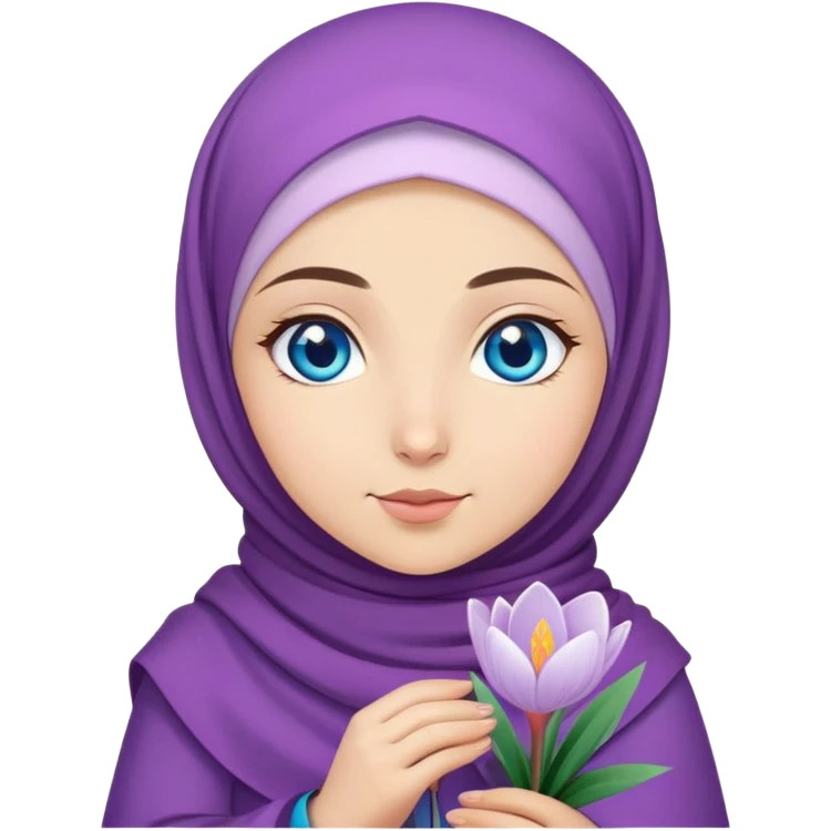 Turkish beautiful finish Konya girl blue eyes with crocus hijab and islamic dress and hold crocus flower on hand  emoji