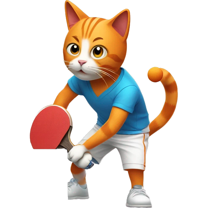 orange cat full body  playing table tennis with a racket and a ball at the table emoji