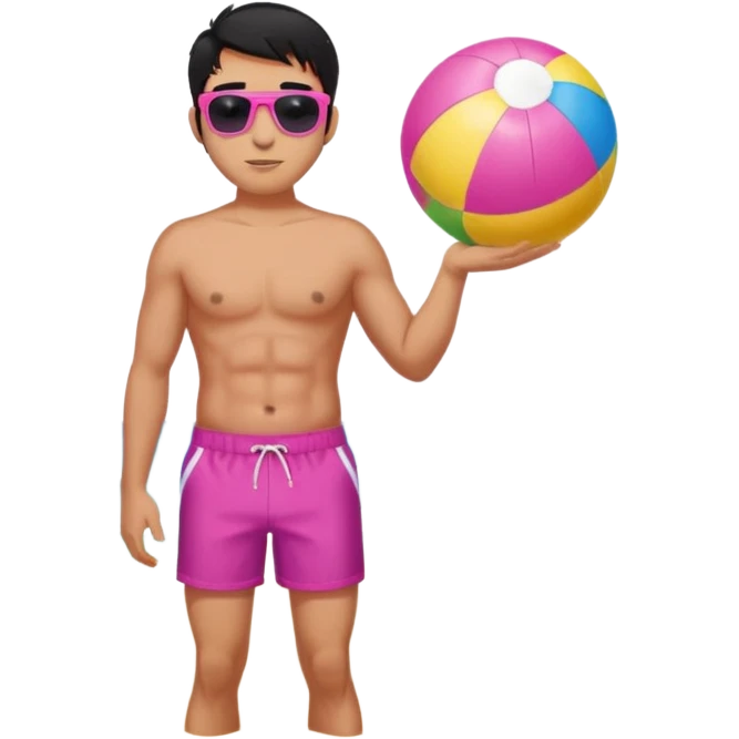Hawaiian male with black hair with pink highlights and a swim short, with beach ball with sunglasses emoji