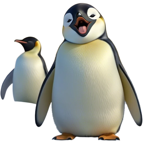 Cinematic Cute Yawning Emperor Penguin Portrait Emoji, Head tilted slightly with a dramatic, wide-open yawn, showcasing smooth, downy feathers with a striking contrast and sleepy, half-closed eyes, Simplified yet irresistibly adorable features, highly detailed, glowing with a soft, cozy polar glow, high shine, relaxed yet expressive, stylized with a touch of whimsical charm, soft glowing outline, capturing the essence of a drowsy yet affectionate arctic guardian that seems ready to stretch out and nap! emoji