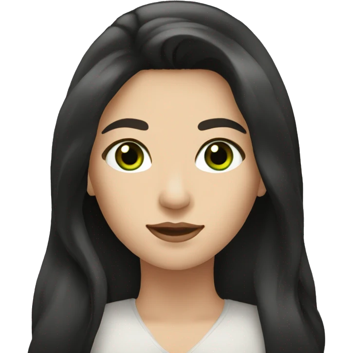 a white woman with long blakc hair, and green brown eyes  emoji
