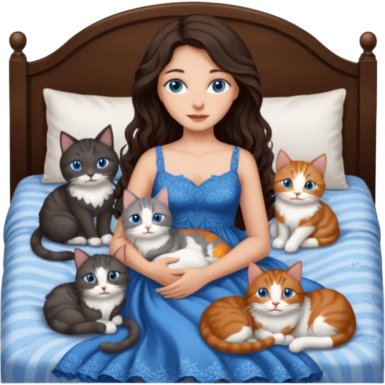 detailed realistic looking a dark grey and white cat regally laying with six other cats, cuddling with their owner in bed who is a pretty bratz lightly tanned white girl with long dark brown hair, blue eyes and gorgeous long wavy hair wearing a pretty detailed dress emoji