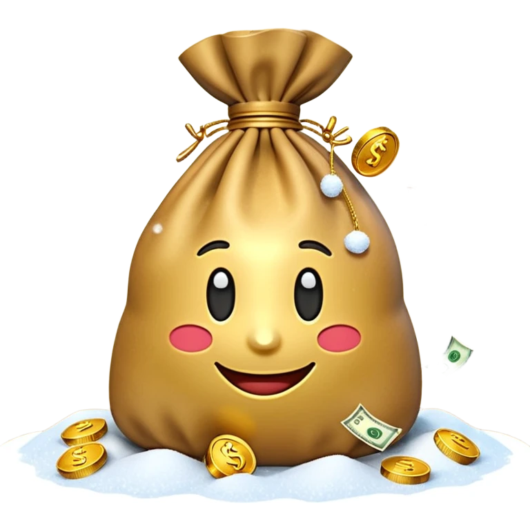 3D emoji style, money bag with dollar bills, New Year theme, snow particles, festive lighting, rich vibe, high detail, transparent background

 emoji