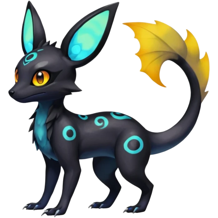 Rare epic aesthetic iridescent spooky gloomy colorful Salandit-Umbreon-Eevee-Genet-species-Fakemon-hybrid-creature, with markings, full body emoji