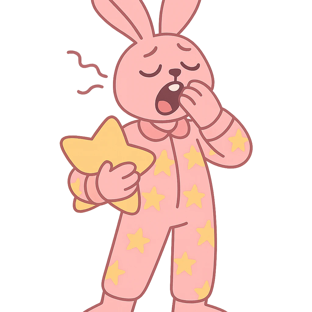 full-body pastel pink bunny in star-pattern pajamas, holding a star-shaped pillow, yawning with sleepy eyes, standing pose, pastel-toon style emoji