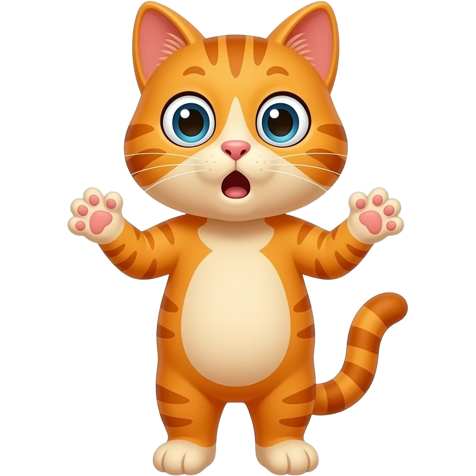 A little orange cat standing upright, with hands and arms like a little person, looking very surprised. All his body ia orange. emoji