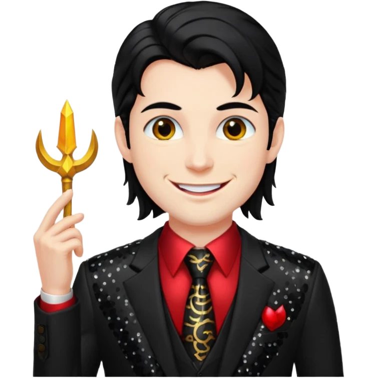 Lucifer from Christian Mythology with long black hair, black sequin suit jacket and tie, red shirt emoji