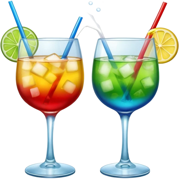Create an emoji of two cocktails cheers action, one glass of green and yellow color and one glass of blue and red, without any fruit, make a toast asction emoji