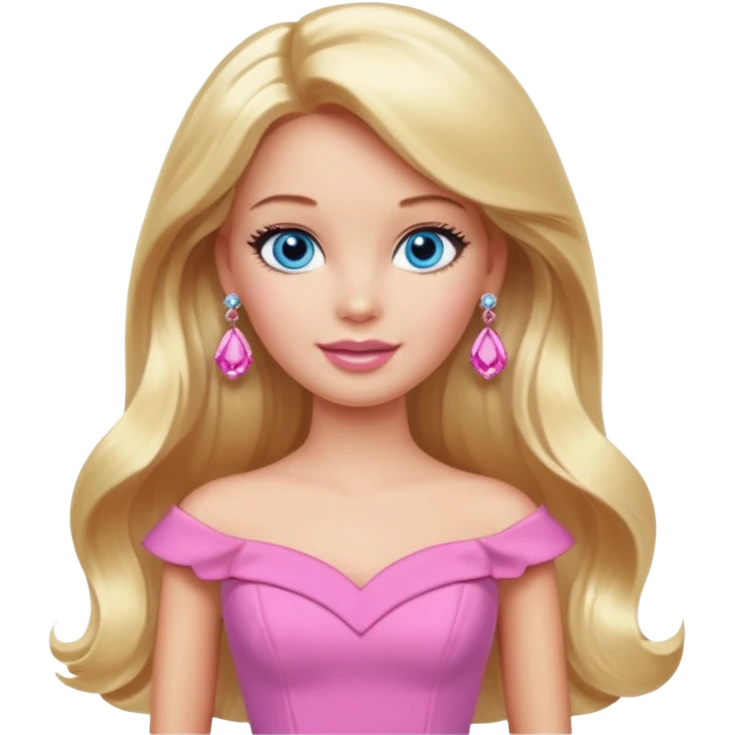 barbie, long blonde hair, pink dress, with blue eyes,different dress, big ear rings. emoji