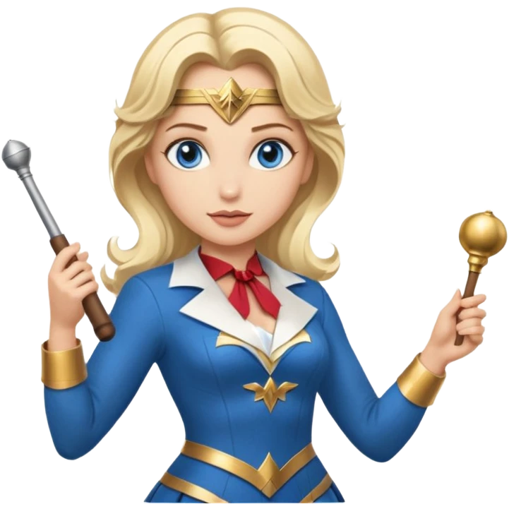 Blonde blue eyed Wonder Woman holding white orchestra conductor’s baton and bell emoji