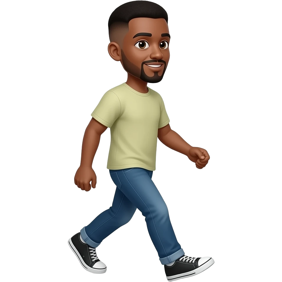Apple-style 3D emoji of a young Black man with short fade haircut, light mustache and goatee, medium-brown skin. Walking pose like the Apple walking man emoji, one foot forward, natural arm swing. Slight confident smile. Clean glossy iOS emoji style emoji