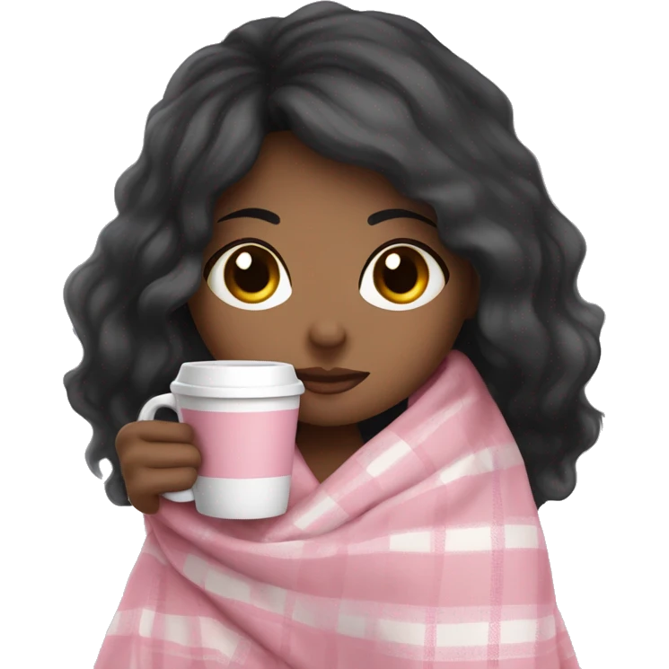 cute Black hair girl wrapped in pastel pink plaid blanket drinking coffee emoji