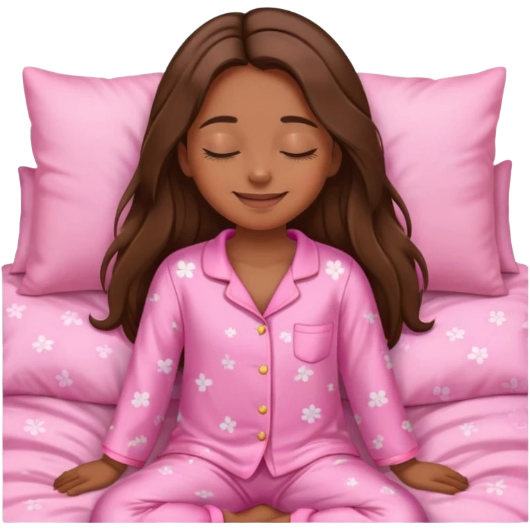 The brown long hair girl going to sleep in pink pajama with smile and closed eyes emoji