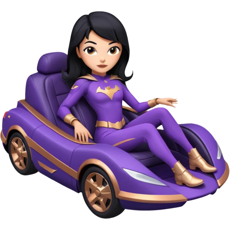 Hot full size real-appearance racing action BatGirl’s Lego feminine midnight-purple tight outfit sixty’s tv show 1992 stealth retro cat burglar sporty petite off-road pursuit hovering hover cruiser car rose gold accents (black hair,reclined and relaxed seating position and attitude) desert emoji