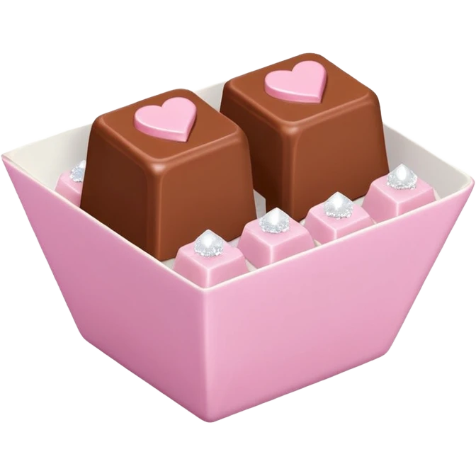 Two square milk chocolate pralines , sharp-edged glossy cubes placed diagonally side by side, each sitting in a small white fluted paper candy cup.
Flat thin pastel pink heart icing centered on top with fine sugar crystal sparkle, clean studio product lighting,  emoji