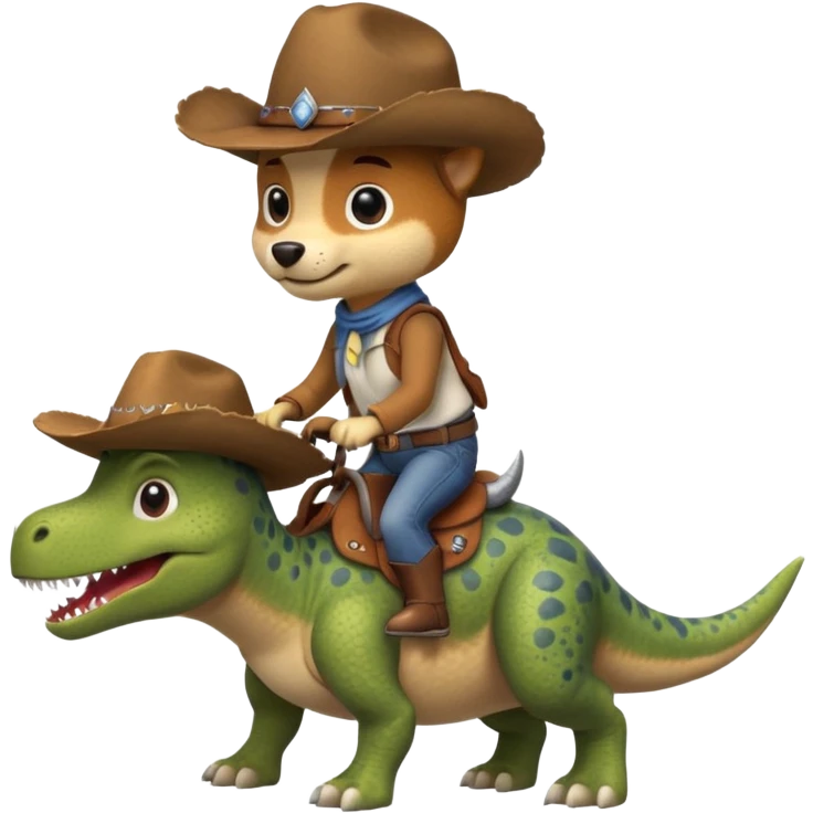 Dog wearing a cowboy hat and riding a dinosaur emoji