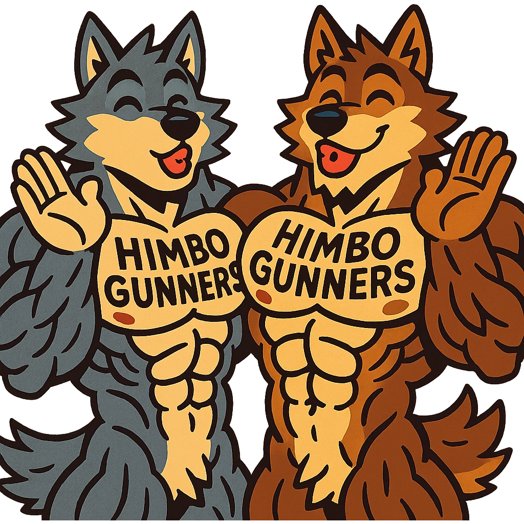 two hyper-muscular wolf furry characters, shirtless, with 'Himbo Gunners' tattoo on their chests, both sending a kiss, big smiles, playful and affectionate, oversized and detailed muscles, intricate fur, ultra high quality emoji