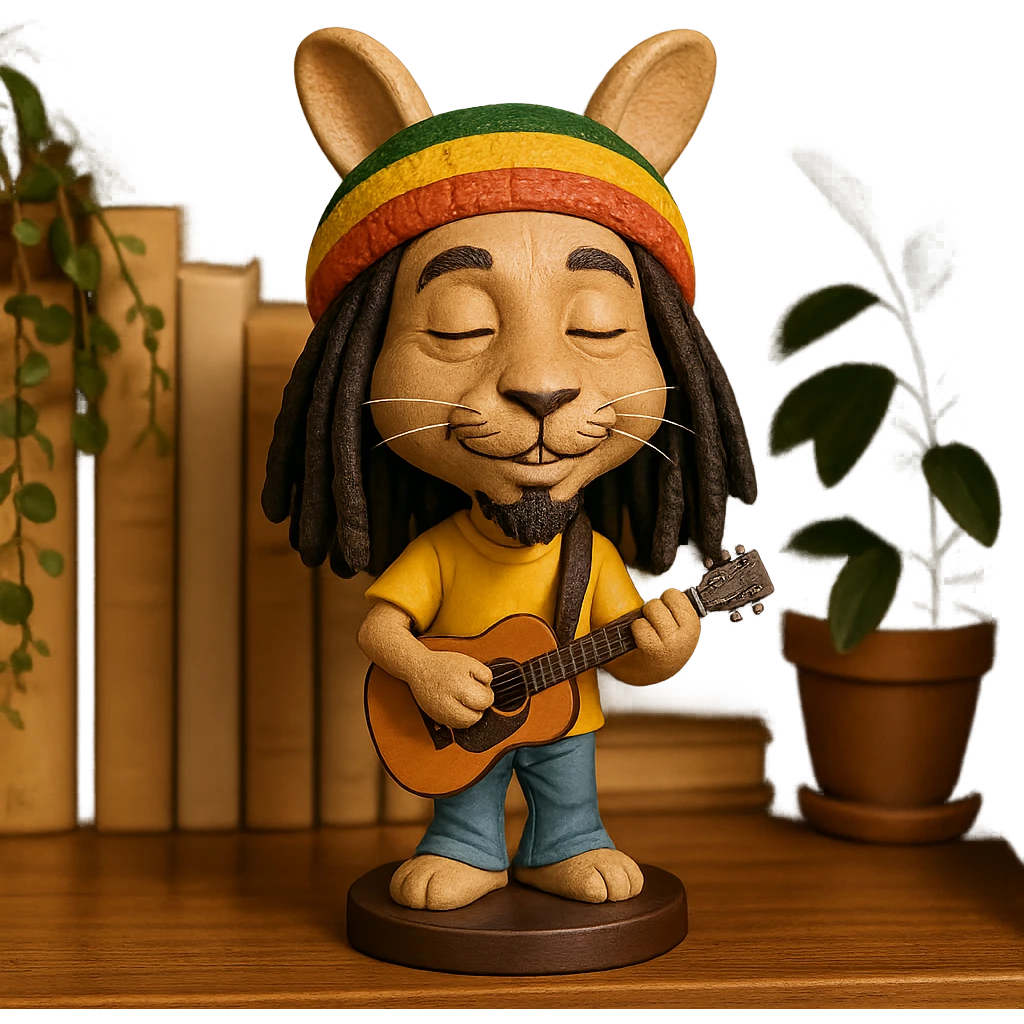 a bunny styled as Bob Marley, with a Rasta hat, dreadlocks, and a relaxed, musical vibe emoji
