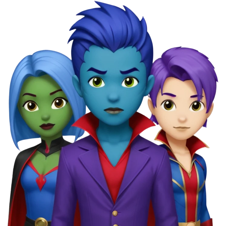 Solo poly platonic relationship, one African girl, one Asian boy, one biracial features Asian tomboy girl rat-tail hair long and upper masculine hair 90s, vampire and marvel cosplay elements inspired  use marvel race, like instead of obvious human, green purple blue etc,  emoji