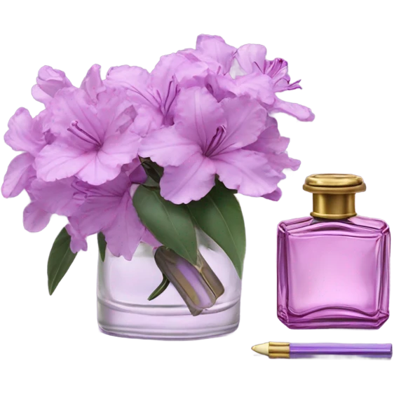Aesthetic ensemble of soft purple azaleas alongside a charming vintage purple perfume bottle.
 emoji