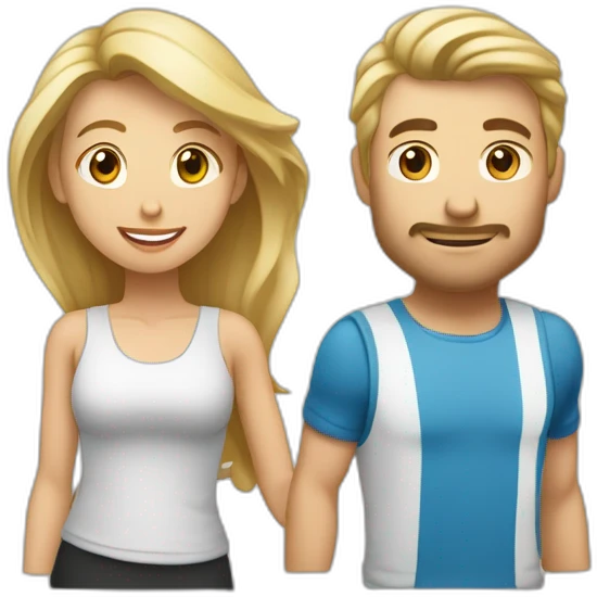 Un homme blond grand et une femme brune petite assez sportive qui s’embrasse  emoji