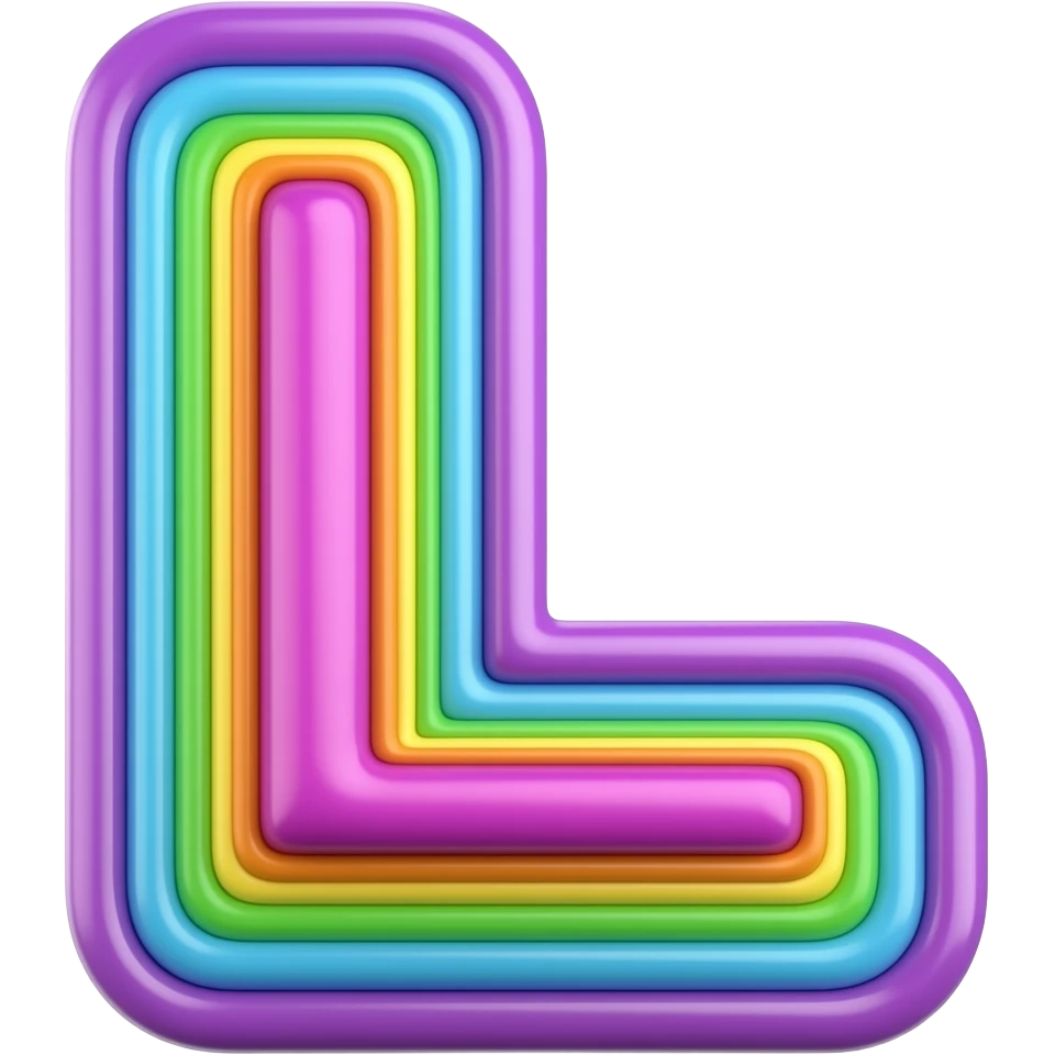 Letter "L" in purple bright blue lime green 3D style typography lettering, each color of the rainbow as a border outlined around each letter, isolated, 3d rendering, no emoji icons no emoji faces and must have no human figures emoji