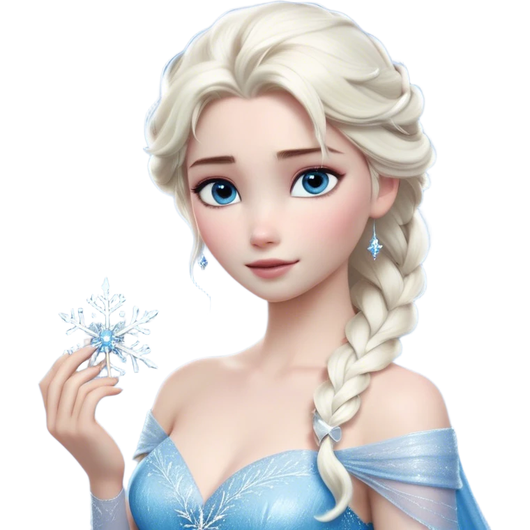 Cinematic Realistic Elsa Portrait, depicted with lifelike skin texture, soft natural lighting, and intricately detailed platinum blonde hair styled elegantly. Her striking, expressive blue eyes exude confidence and grace, complemented by a serene and regal expression. She holds a shimmering snowflake delicately in one hand, her other hand resting against her gown, embodying the power and beauty of winter. She is dressed in her signature icy attire, with shimmering fabric textures and delicate folds that catch the light beautifully. The portrait features a soft, enchanting glow with a cool, radiant finish, capturing the essence of timeless elegance in a realistic and painterly style. emoji