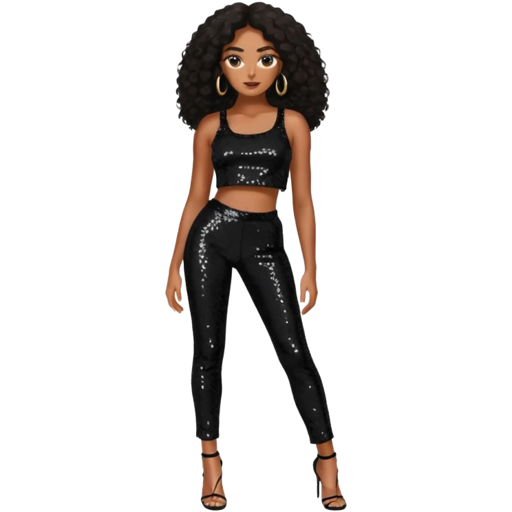 Solange with long dark brown hair, black sequin crop top, black sequin pants emoji