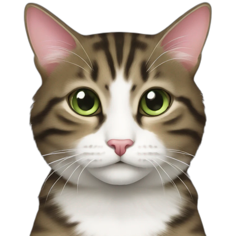 cat Tabby (Mainly black and brown) fluffy cat pink-nose light-green-eyes,-white-long-whiskers,-white-spots-near-the-nose,sharp chin.,long ears emoji