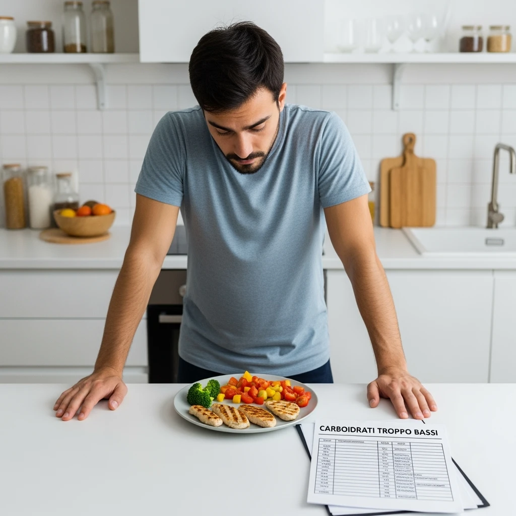 Uomo sui 35 anni in cucina, con espressione affaticata e spenta, guarda un piatto con pochissimi carboidrati (solo qualche verdura e proteine). Accanto a lui, fogli con una dieta rigida e una scritta visibile: 'Carboidrati troppo bassi'. emoji