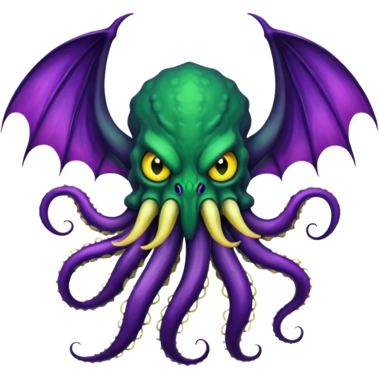 deep green Cthulhu with purple bat wings and purple gradient tentacles. Yellow angry eyes. yellow suckers on tentacles. dramatic ominous shading. two saber-teeth emoji