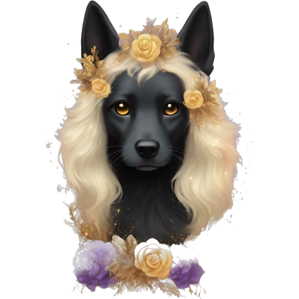 Black iridescent fluffy dog fox head zombie skeleton gold mechanical nebula galaxy stars flowers fairy lights vintage emoji