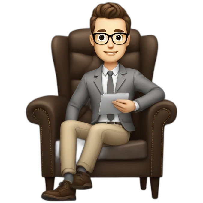 Pale skinned Fit Man With dark brown hair in gray jacket, beige office shirt, Brown pants and vintage glasses sitting In a soft chair with a notebook with emblem Ψ and a pen in his hands emoji