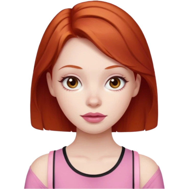 Redhead girl with deep brown eyes, pale skin with light red lips wearing a pink strap shirt emoji