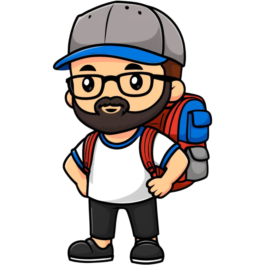 adventurer with backpack, small beard, glasses and backwards baseball cap emoji