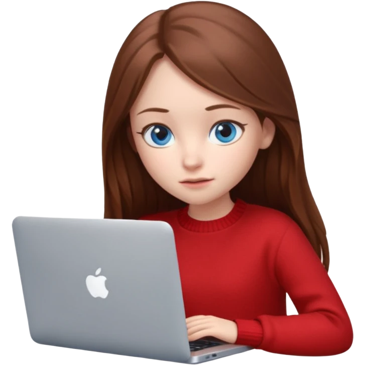 Emoji of a cute 3D girl with long brown hair and blue eyes, wearing a red sweater, focused working on a MacBook laptop, white background emoji