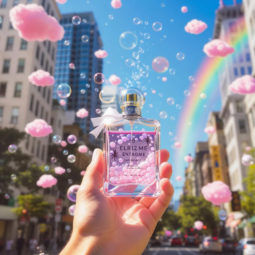 Cinematic still perfume inside bubbles flying around San Francisco downtown, sunny summer day, happy vibe, colorfull surround, rainbow, small cute pink clouds around emoji