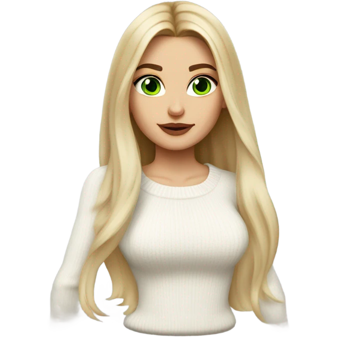 light medium skin, high cheekbone, solo blonde girl with green eyes, medium bust, white sweater, long blow out hair, baddie, middle part, sultry emoji