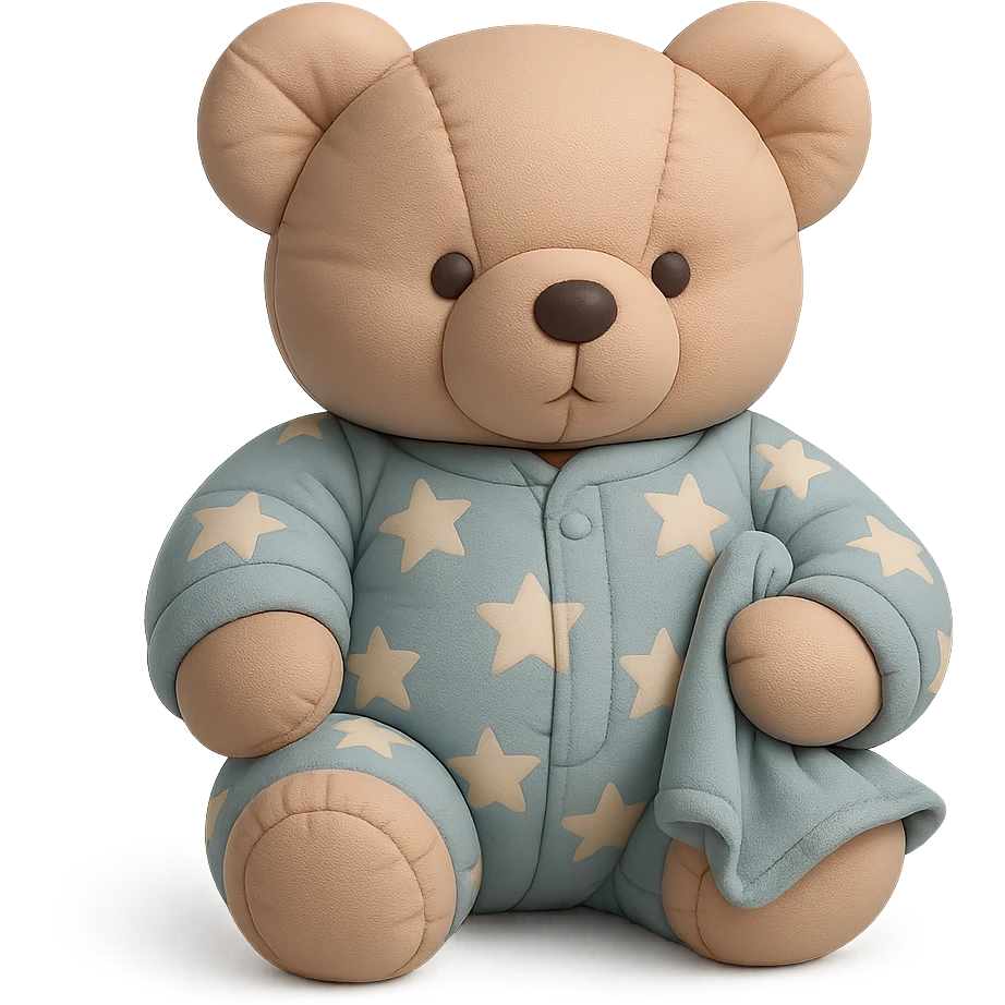teddy bear in star-patterned pajamas holding a small blanket, cushion style emoji