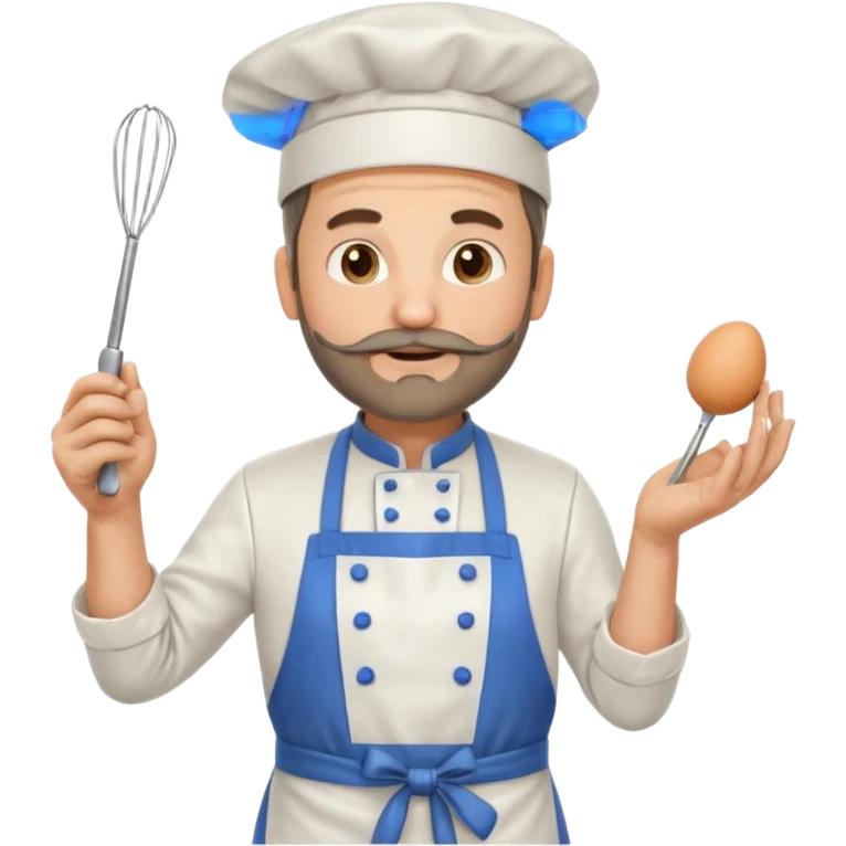 Middle aged male pastry chef - with a small beard, apron, white hat, holding an egg beater in his right hand, and his left hand naturally hanging down to his side emoji