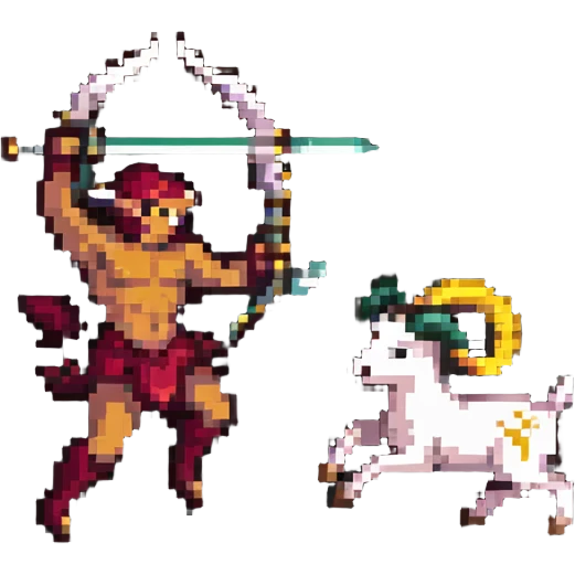 Sagittarius defeating Aries ram, pixel art style emoji