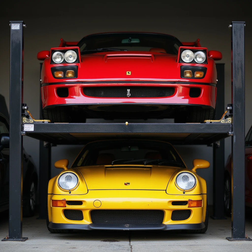 realistic front view of a Ferrari F40 on a car lift with a yellow Porsche GT3 RS underneath, both cars fully visible, transparent background emoji