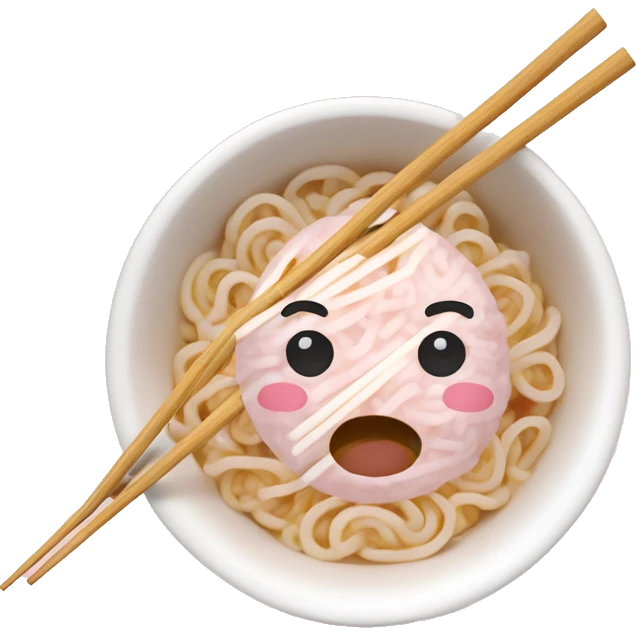 cute powder pink/white tone bowl with ramen noodles and chop sticks emoji