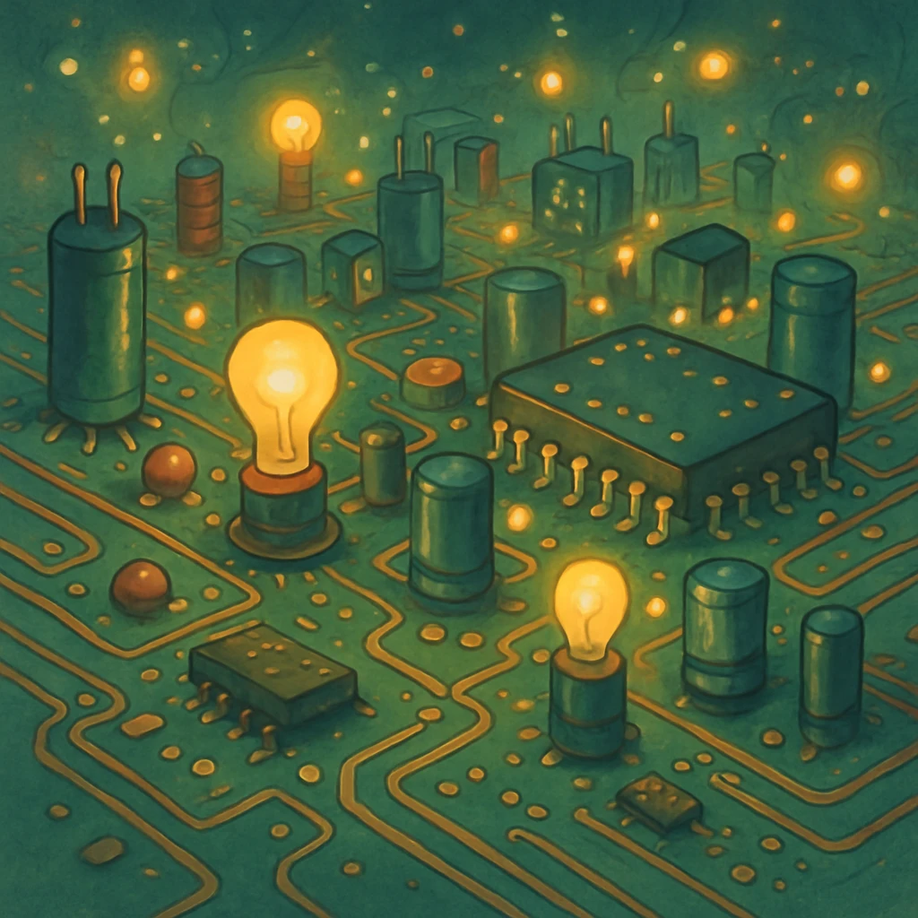 whimsical circuit elements and glowing lights, electronics engineering concept, ghibli style emoji