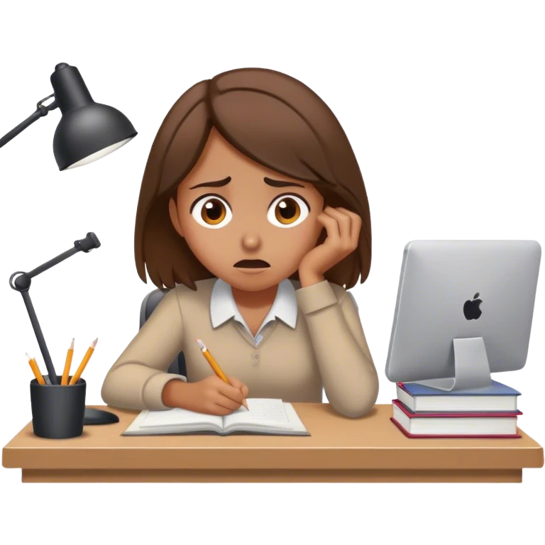 Tan girl brown hair frustrated studying at desk  emoji