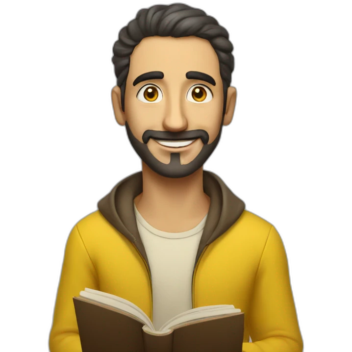Armenian men with the yellow clothes reading book and looking at camera and smiling  emoji