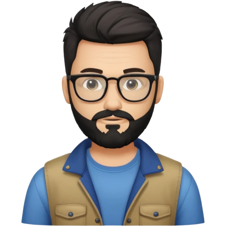 یه پسر سفید پوست با ریش مشکی و مدل موی جذاب که موهاش رو به بالاهست و عینک زده مدل موهاش فید کم (low fade)باشه و لباسش هم رسمی نباشه emoji