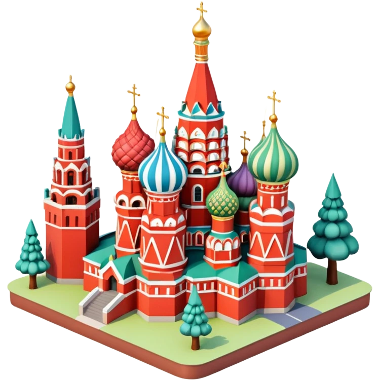 Isometric illustration of Moscow, featuring Saint Basil's Cathedral with its colorful onion domes, Red Square elements, and toy-like trees around, in miniature diorama style, soft shadows and pastel colors. emoji