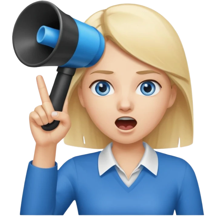 blue eyes blonde girl yelling into megaphone and holding up 1 finger in the other hand siling emoji